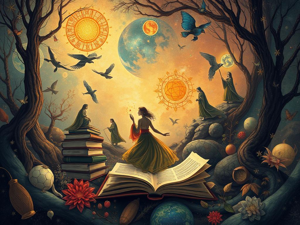 Ilustracja przedstawiająca charakterystyczne elementy prozy Olgi Tokarczuk - przenikanie się realizmu z elementami magicznymi