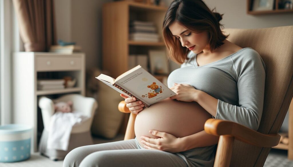 Kobieta w ciąży czytająca książkę, co czytać niemowlakowi przed narodzeniem