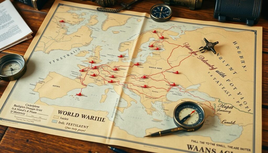 Mapa strategiczna z okresu II wojny światowej z zaznaczonymi pozycjami wojsk