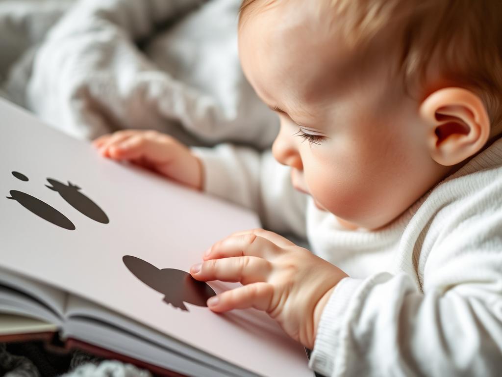 Niemowlę z książką kontrastową, co czytać niemowlakowi w pierwszych miesiącach życia