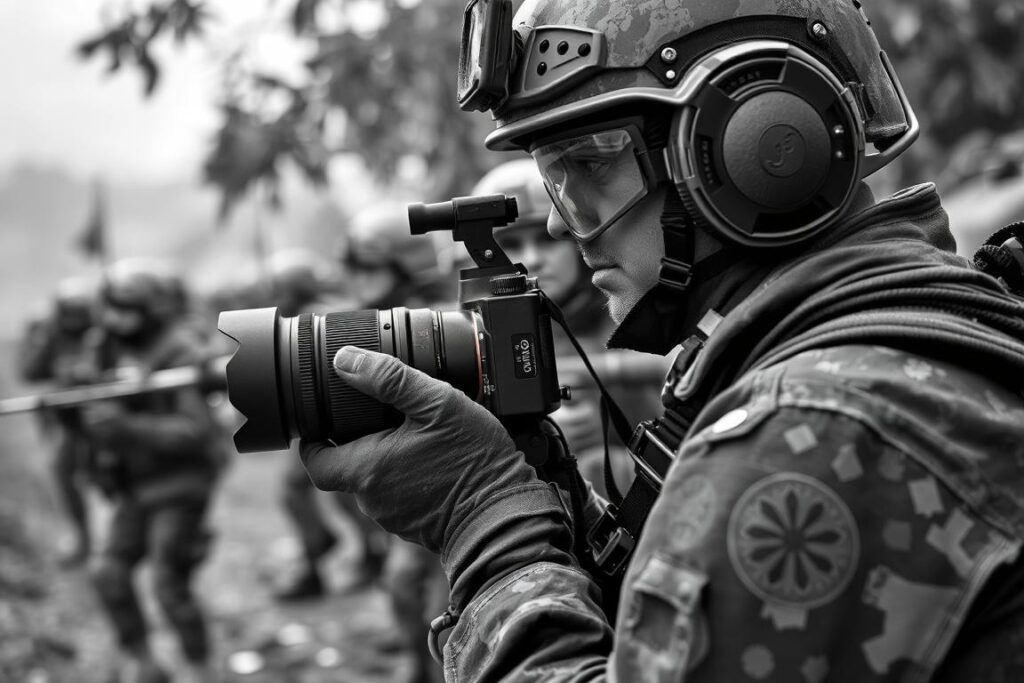 Reporter wojenny z aparatem fotograficznym dokumentujący wydarzenia na froncie