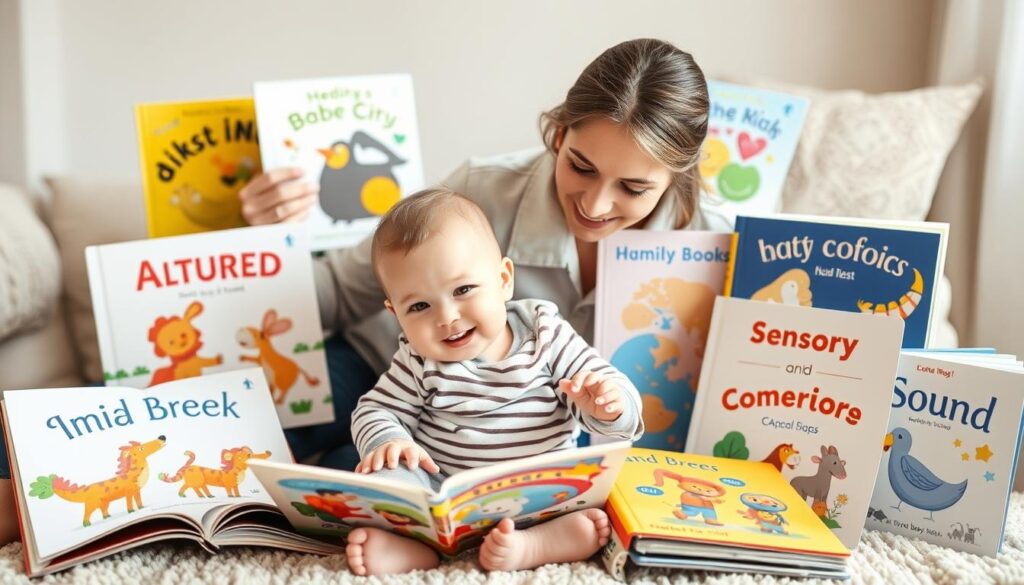 Rodzic z niemowlakiem i kolekcją książek dla najmłodszych dzieci