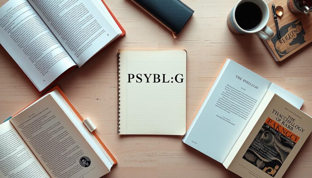 Zestaw najlepszych książek o psychologii ułożonych na biurku z notatnikiem