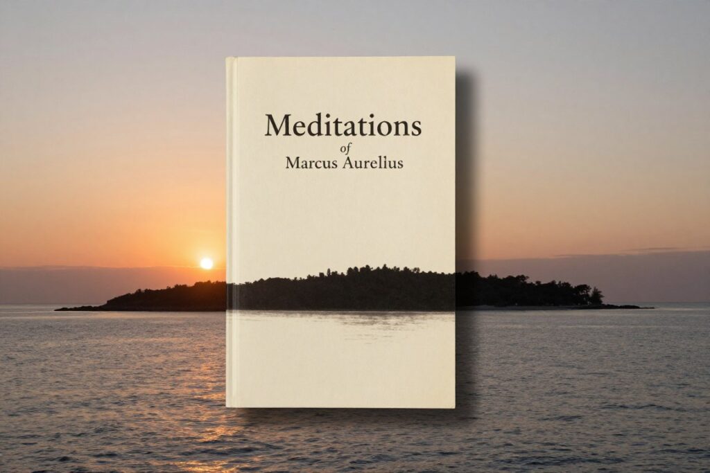 Książka Medytacje Marka Aureliusza na tle zachodu słońca nad bezludną wyspą