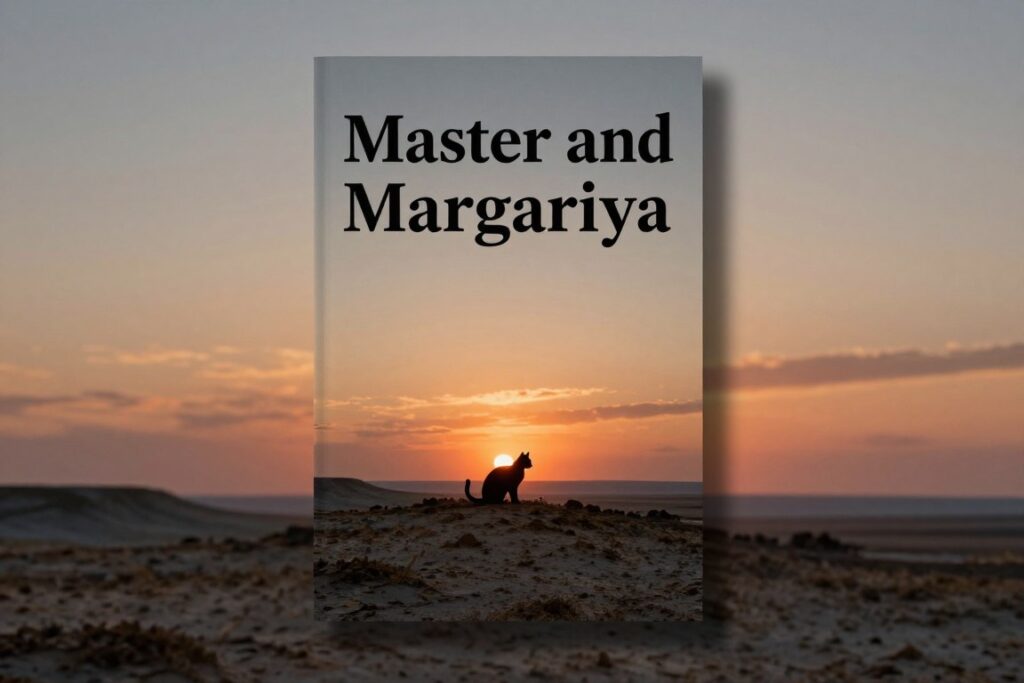 Okładka książki Mistrz i Małgorzata na tle zachodzącego słońca nad bezludną wyspą