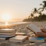 Osoba czytająca książkę na plaży bezludnej wyspy z siedmioma książkami ułożonymi obok