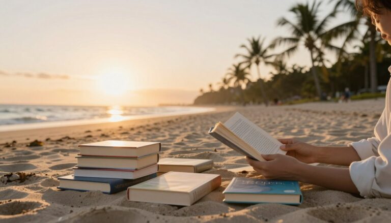 Osoba czytająca książkę na plaży bezludnej wyspy z siedmioma książkami ułożonymi obok