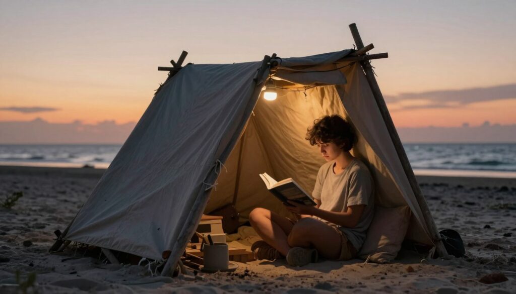 Osoba czytająca książkę w prowizorycznym schronieniu na bezludnej wyspie o zachodzie słońca