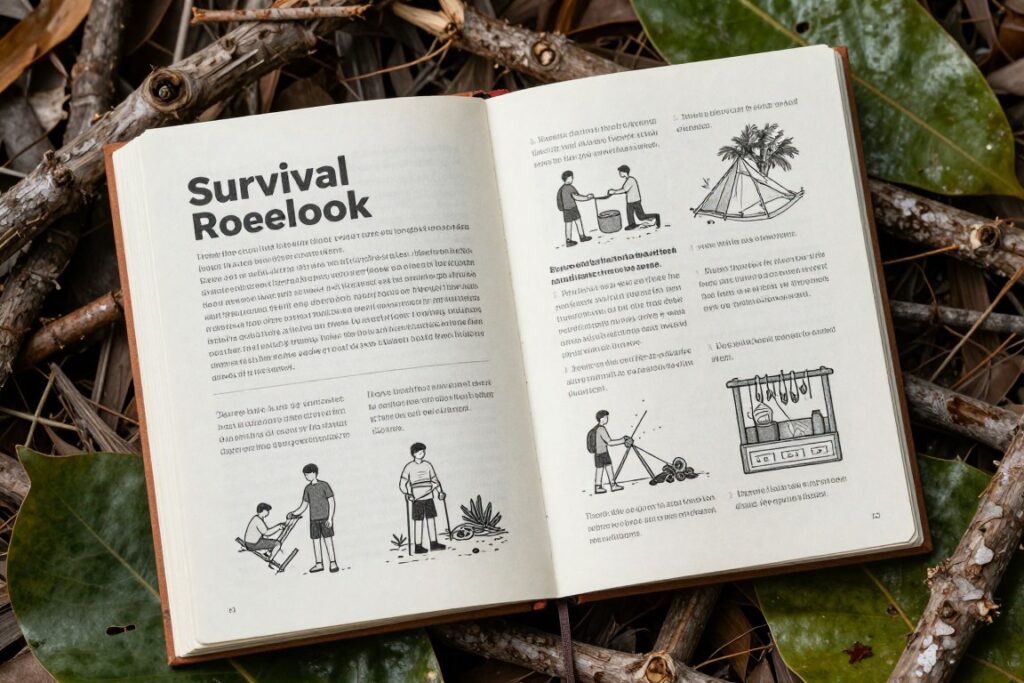 Podręcznik sztuki przetrwania otwarty na stronie o budowaniu schronienia na bezludnej wyspie