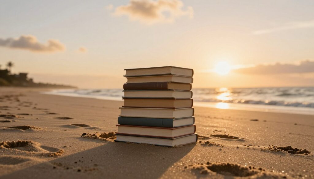 Siedem książek ułożonych w stos na plaży bezludnej wyspy z zachodem słońca w tle