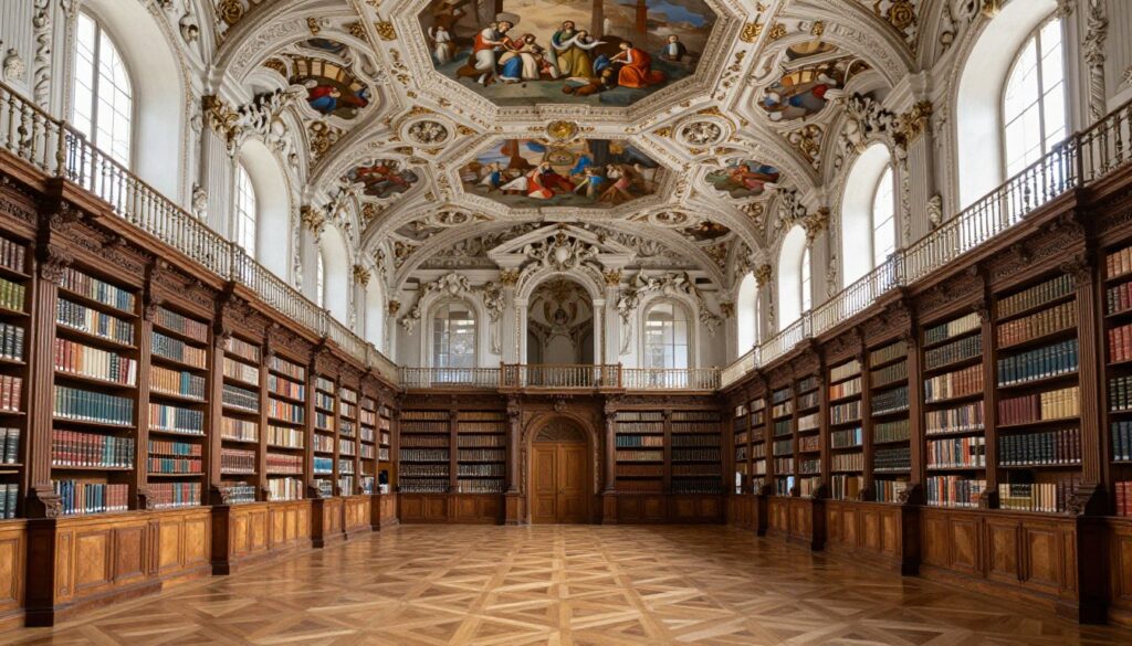 Architektura barokowa biblioteki opactwa św. Galla - wnętrze sali z freskami